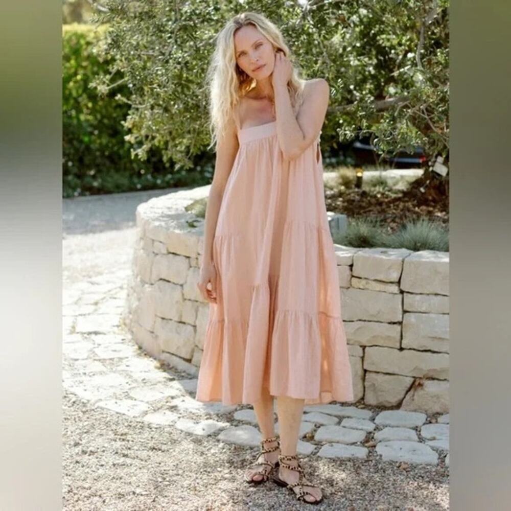 Jenni Kayne Seersucker Summer Midi Dress Blush Pink XS Cotton Rayon Blend